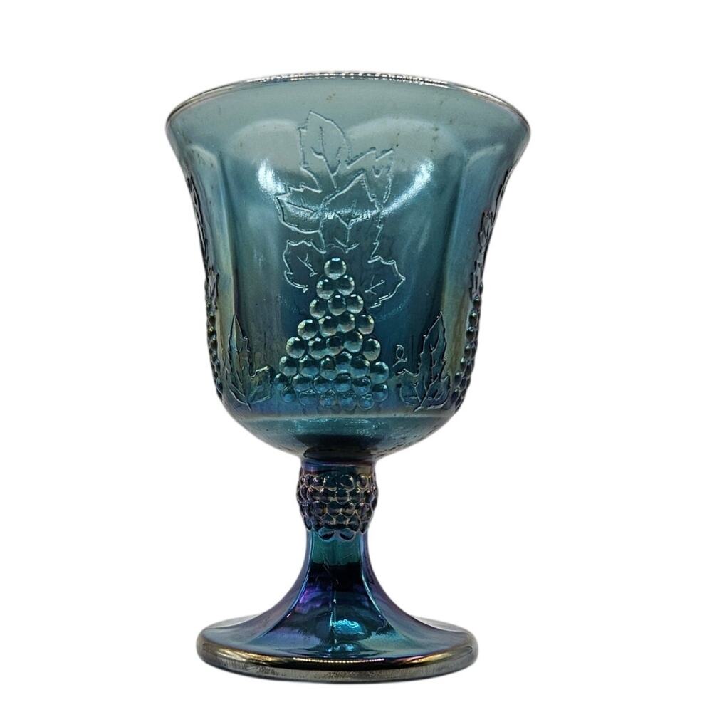 Vintage Teal Blue Glass Goblets Set of 3 Grape Vine Pattern Stemware